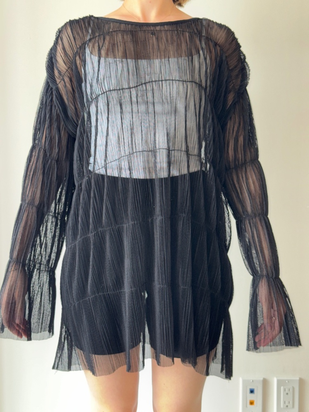 Zara Trafaluc Sheer Pleated Mesh Top, Black, Size S